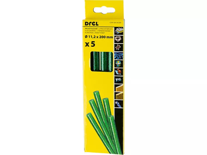 Karštų klijų lazdelės 11,2 mm x 200 mm, su blizgučiais, žalios, 5 vnt.