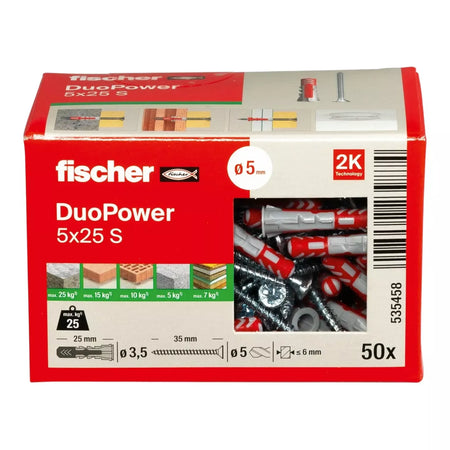Universalus dvikomponentis kaištis DuoPower 5 x 25  S su varžtu, 50 vnt. FISCHER