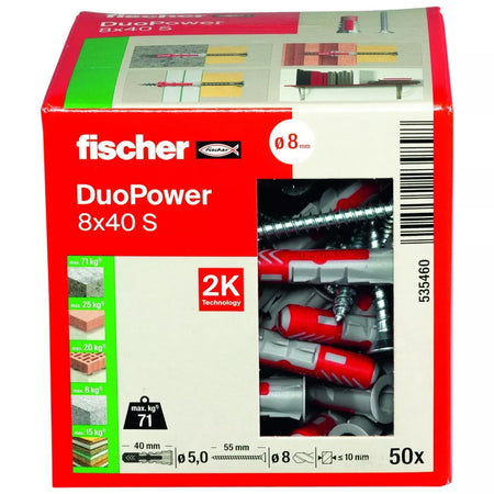 Universalus dvikomponentis kaištis DuoPower 8x40 S su varžtu, 50 vnt. FISCHER