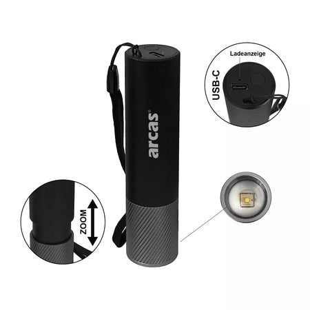 Rankinis žibintuvėlis 300lm, 3W, įkraunamas USB-C, juodas, ARCAS