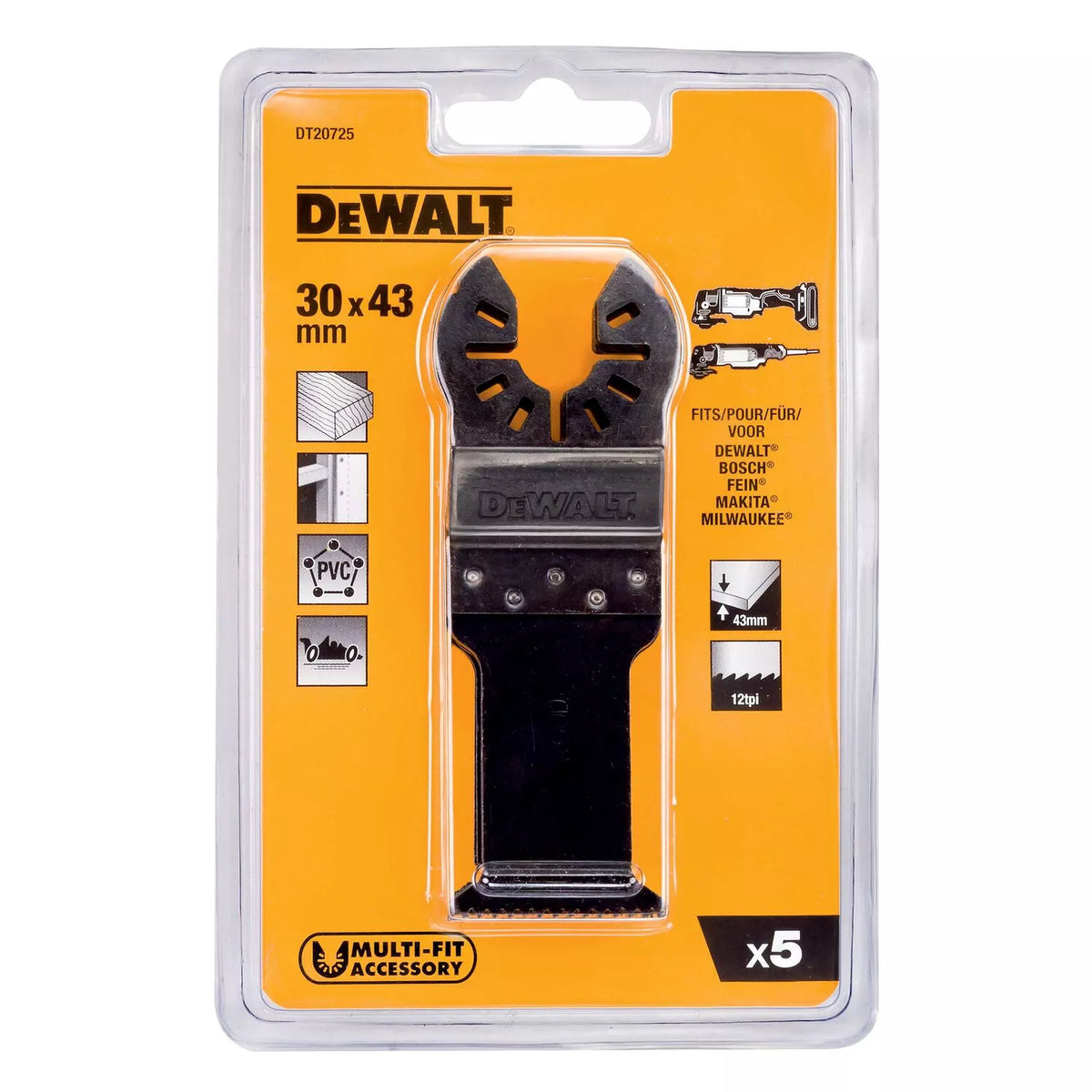 Daugiafunkcinio įrankio geležtės 30 mm x 43 mm, DeWALT, 5 vnt.