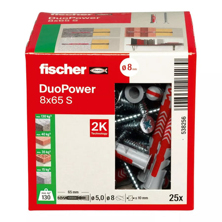 Universalus dvikomponentis kaištis DuoPower 8x65 S su varžtu, 25 vnt. FISCHER