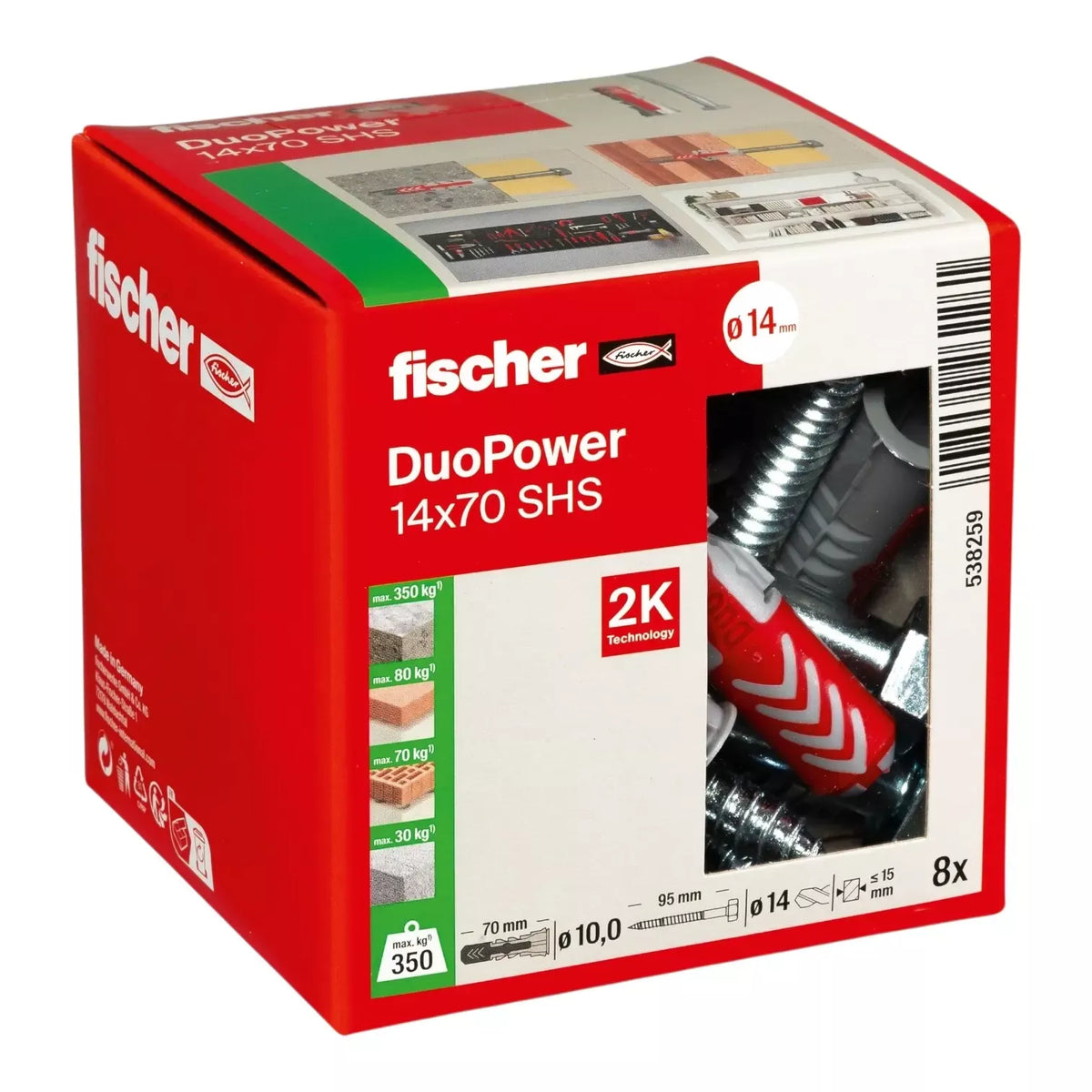 Universalus dvikomponentis kaištis DuoPower 14x70 S su varžtu, 8 vnt. FISCHER