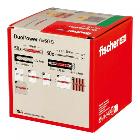 Universalus dvikomponentis kaištis DuoPower 6x50 S su varžtu, 50 vnt. FISCHER