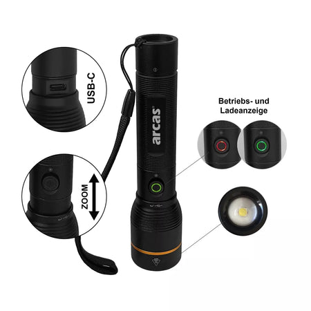 Rankinis žibintuvėlis 1000lm, 10W, įkraunamas USB-C, juodas, ARCAS