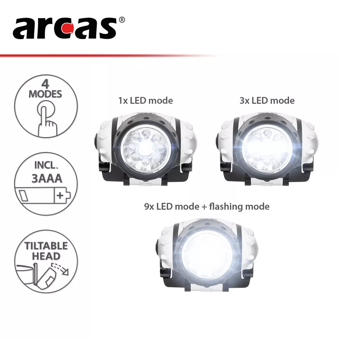 Galvos žibintuvėlis 9 LED, ARCAS
