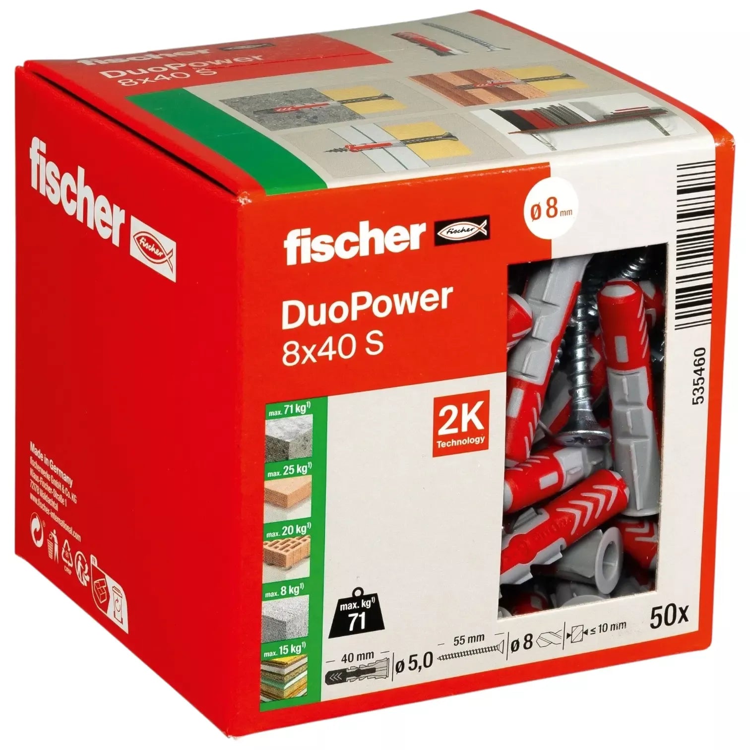 Universalus dvikomponentis kaištis DuoPower 8x40 S su varžtu, 50 vnt. FISCHER