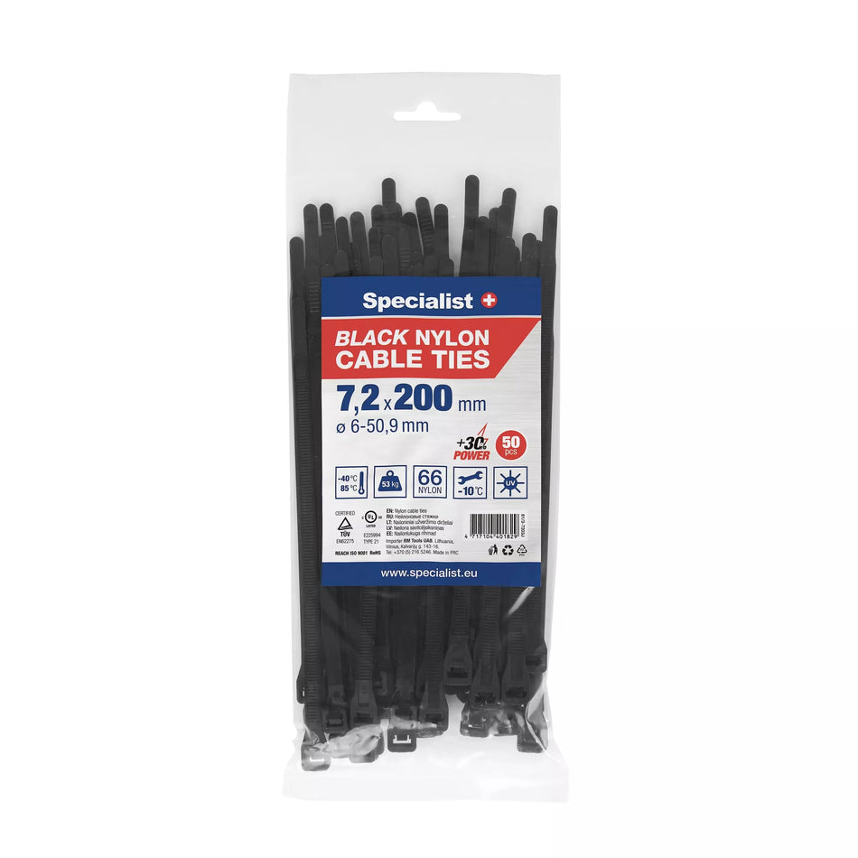SPECIALIST+ nailon. dirželis, juodas, 7.6x200 mm, 50 vnt.