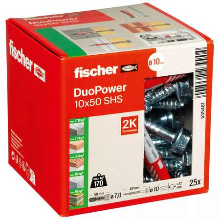 Universalus dvikomponentis kaištis DuoPower 10 x 50 S, FISCHER, 25 vnt.