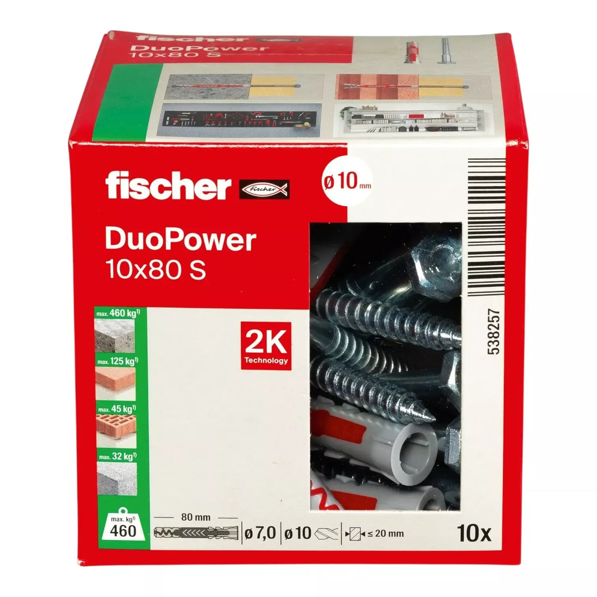 Universalus dvikomponentis kaištis DuoPower 10x80 S su varžtu, 10 vnt., FISCHER
