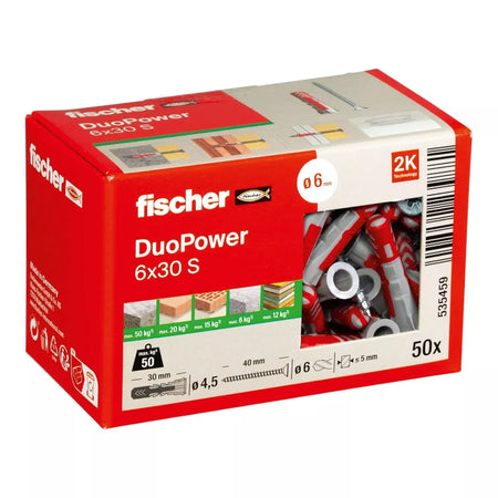 Universalus dvikomponentis kaištis DuoPower 6x30 S su varžtu, 50 vnt., FISCHER