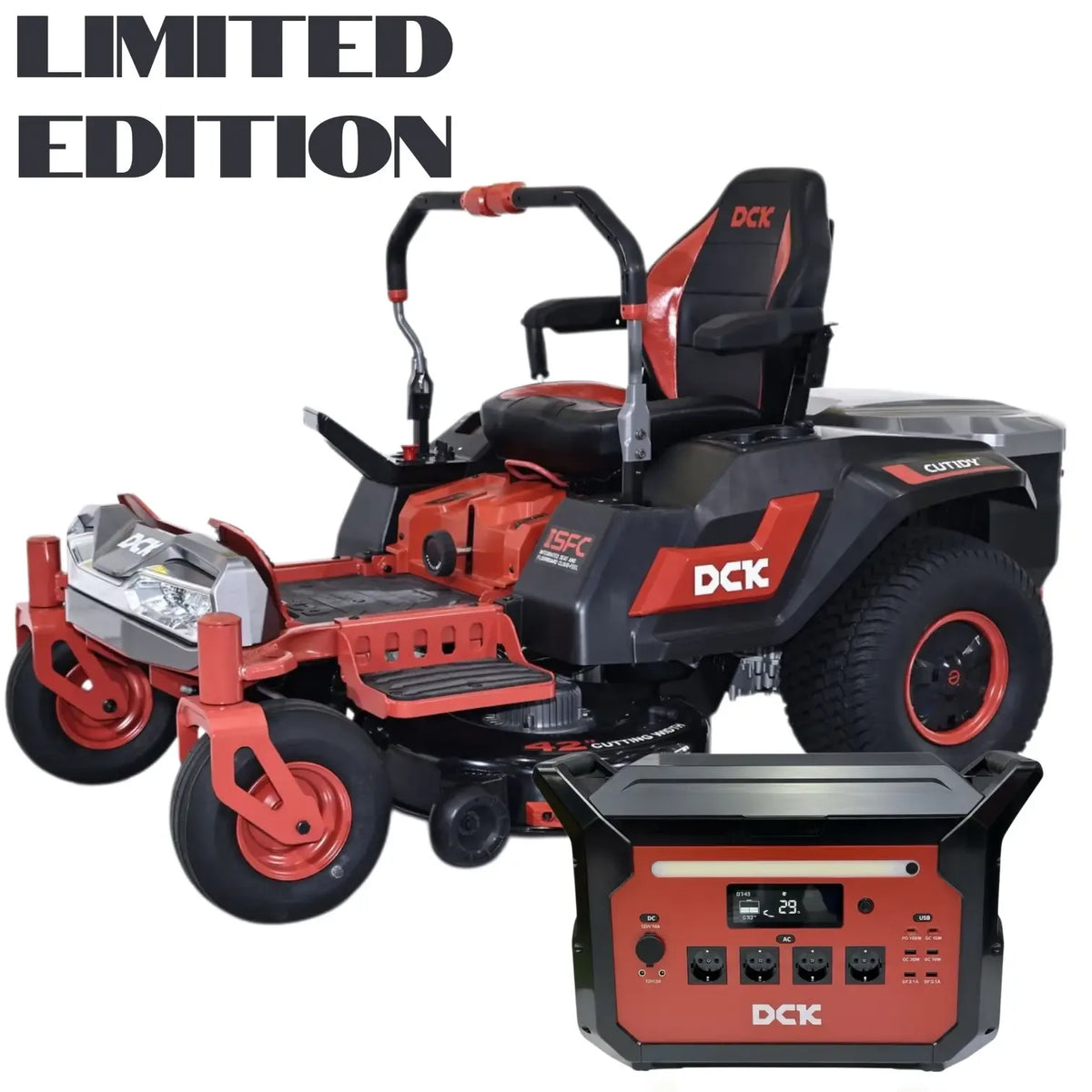 Limited Rinkinys Akumuliatorinis nulinio apsisukimo vejos traktorius 58V, 106 cm, DCK (1 x 40Ah + 2 x 7,5Ah  akumuliatoriai ir įkroviklis 1800W) ir universali krovimo stotelė 110-240V, 3600W, DCK