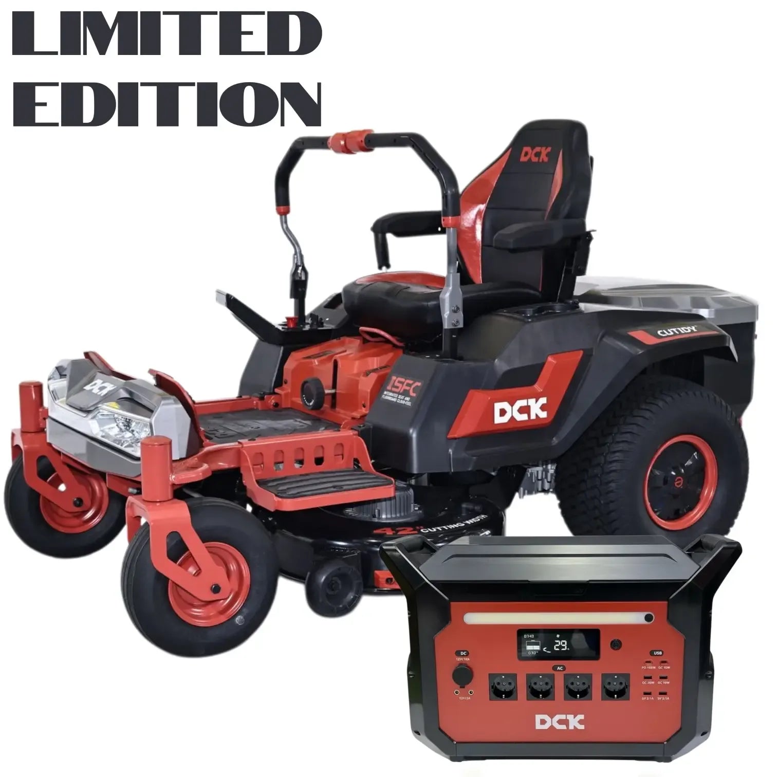Limited Rinkinys Akumuliatorinis nulinio apsisukimo vejos traktorius 58V, 106 cm, DCK (1 x 40Ah + 2 x 7,5Ah  akumuliatoriai ir įkroviklis 1800W) ir universali krovimo stotelė 110-240V, 3600W, DCK
